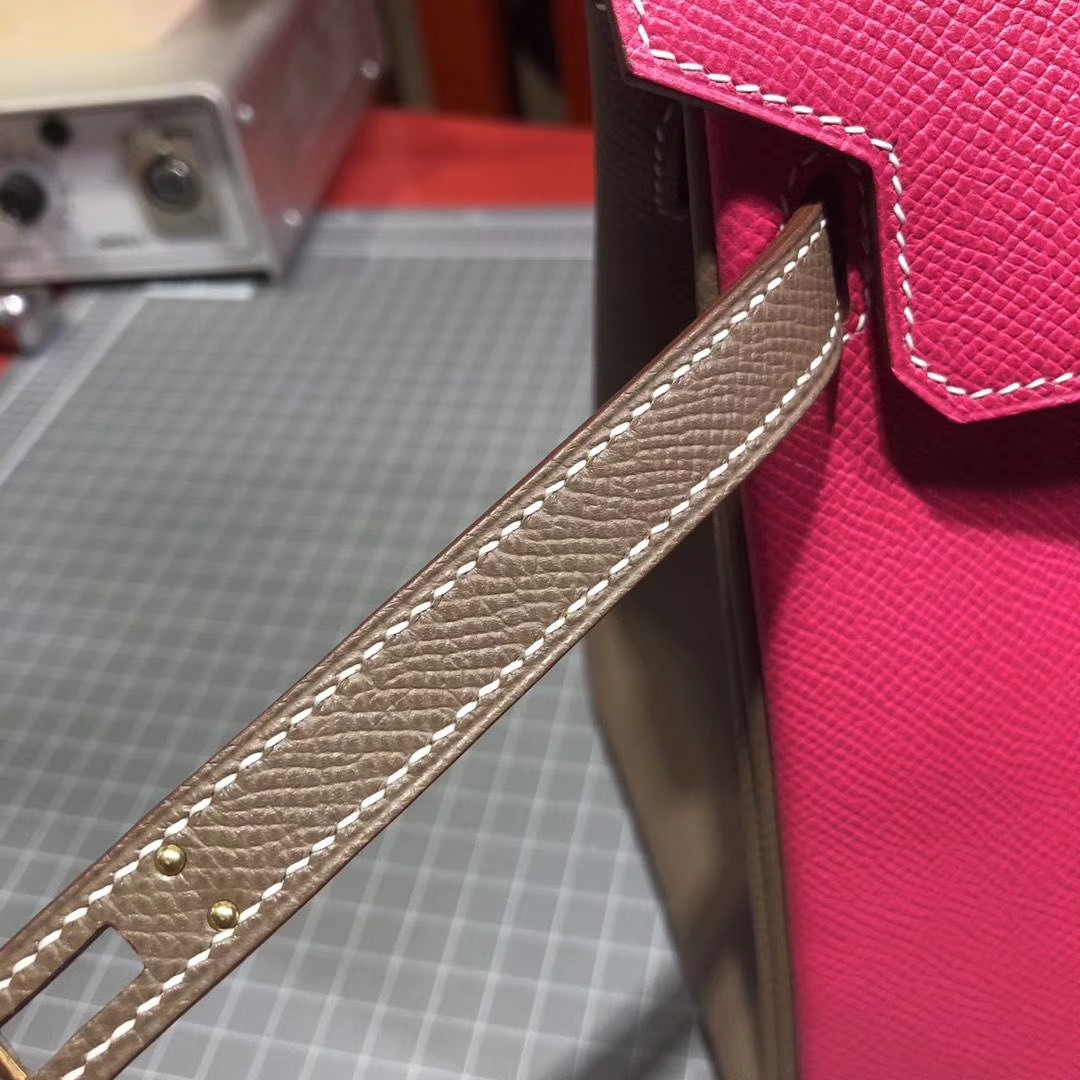 爱马仕拼色铂金包 Hermes Birkin25CM 玫红拼大象灰Epsom牛皮 金扣