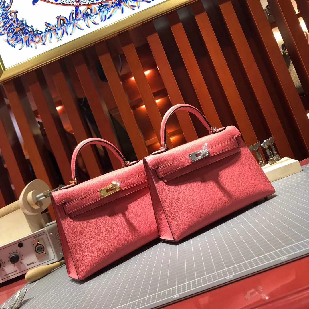 Hermes Minikelly2代 爱马仕8W唇膏粉顶级山羊皮迷你凯莉包2代 银扣