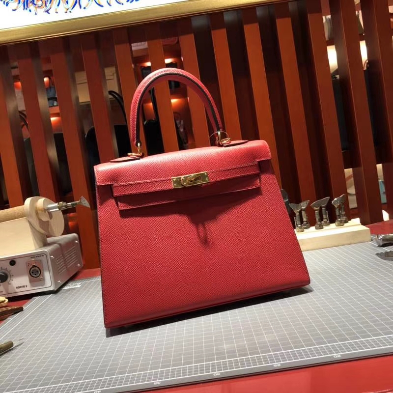 Hermes Kelly25CM 爱马仕大红色原厂Epsom牛皮凯莉包 金扣