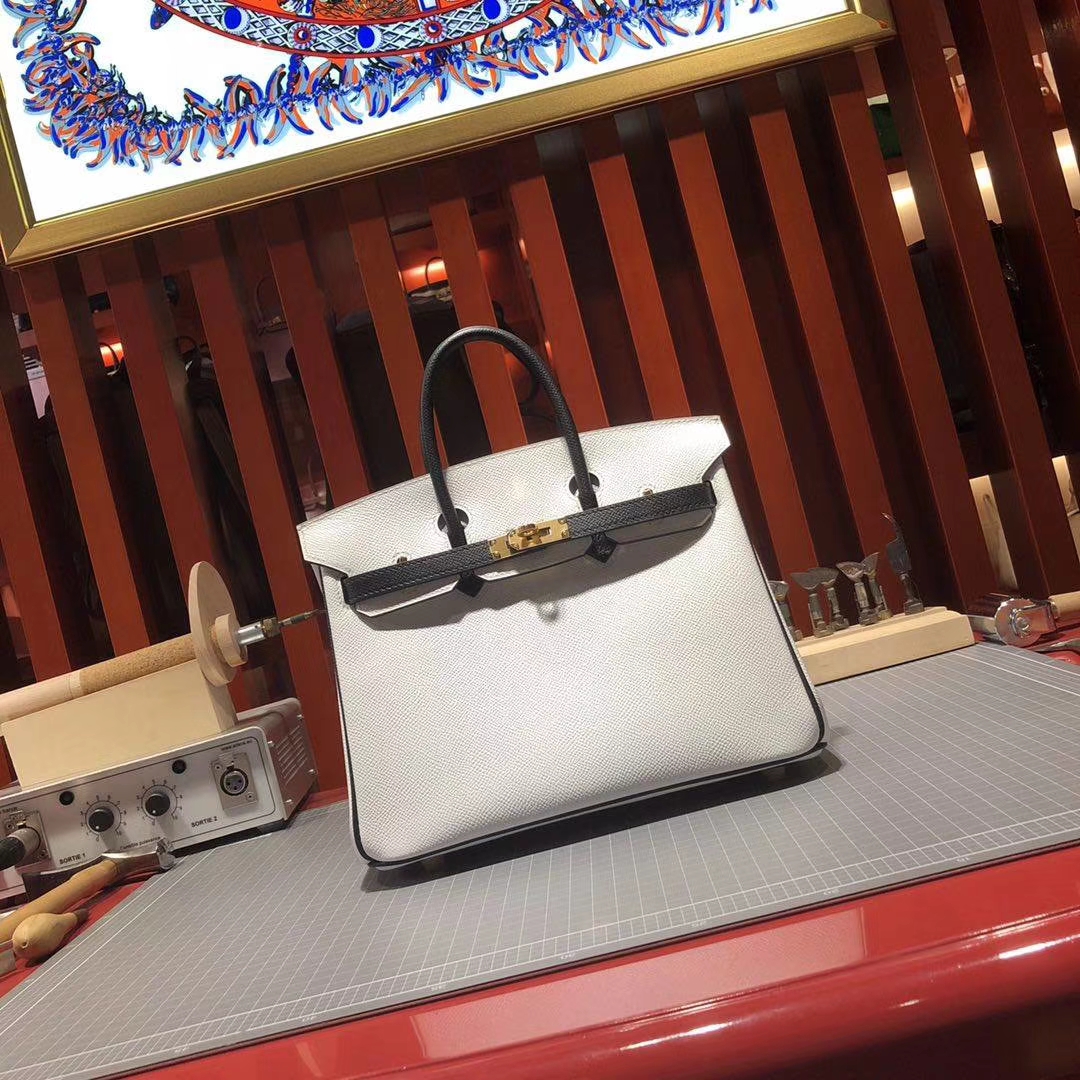 爱马仕拼色铂金包 Hermes白色拼黑色原厂十字纹牛皮Birkin包包25CM 金扣