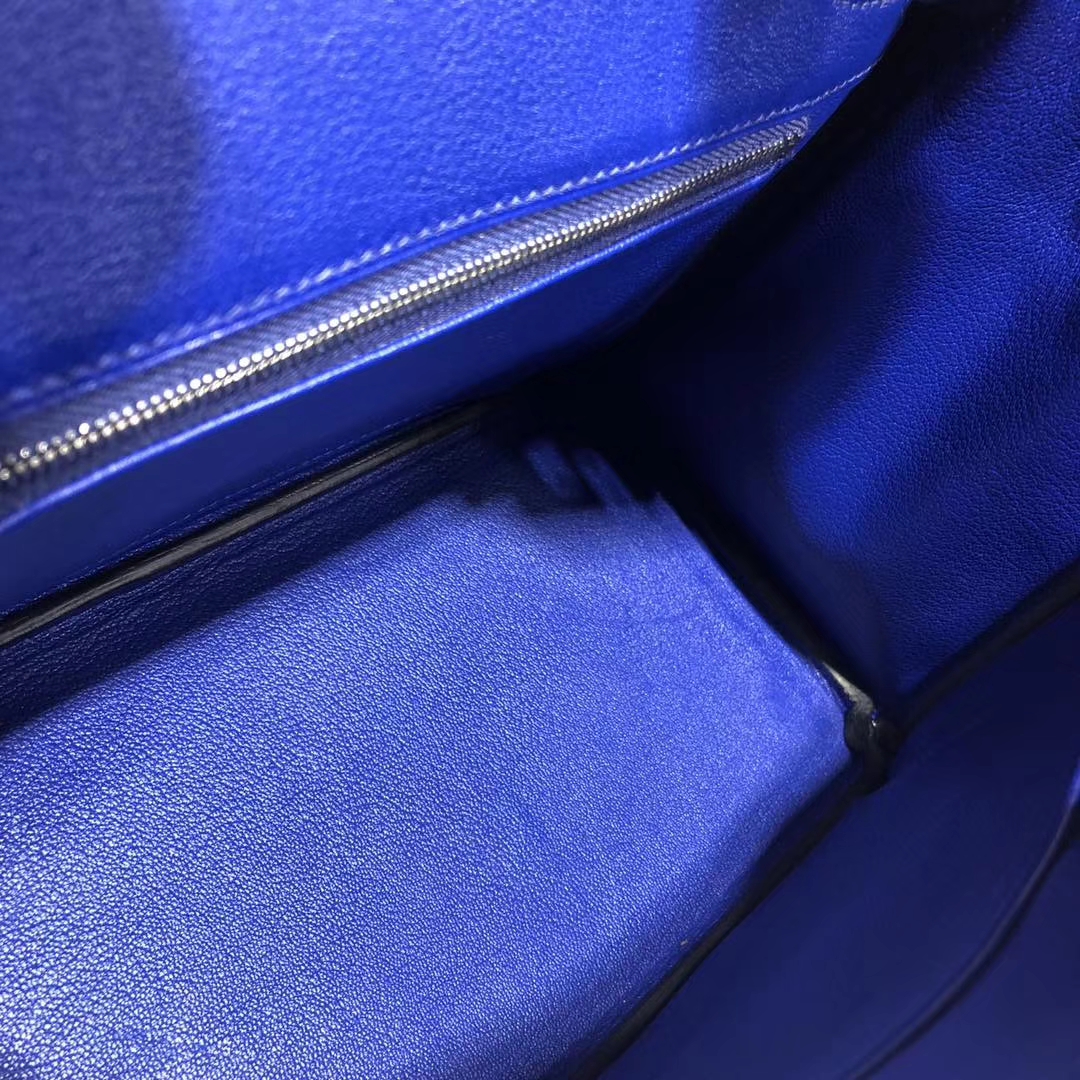 爱马仕包包官网 Hermes纯白色拼电光蓝原厂手掌纹牛皮铂金包Birkin25CM 银扣