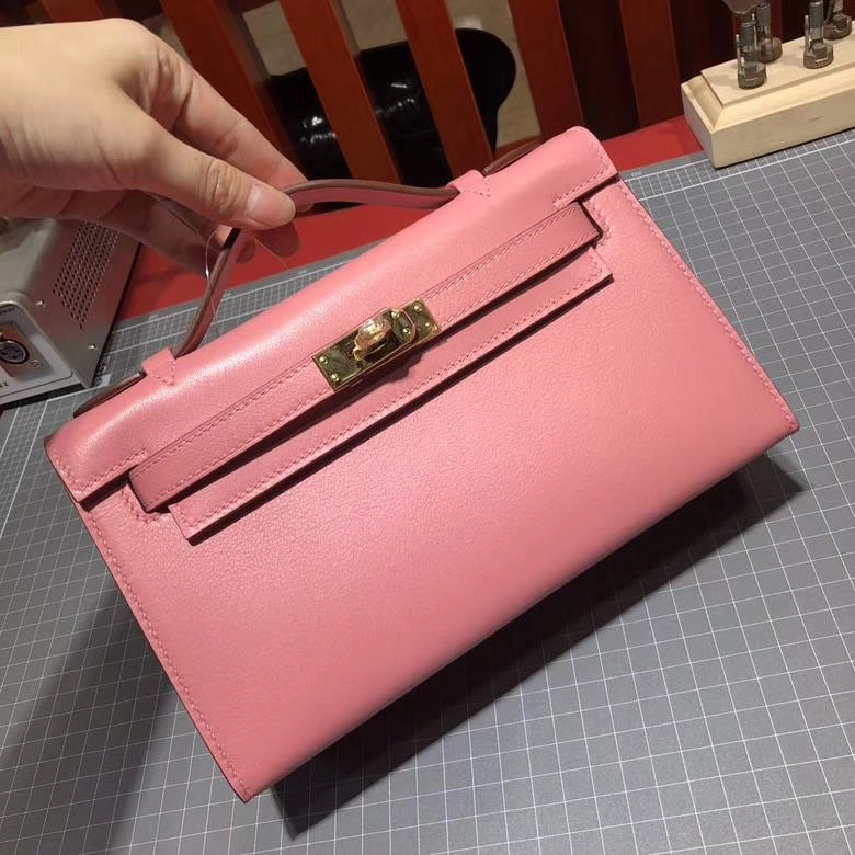 爱马仕迷你凯莉包 Hermes Minikelly22CM 奶昔粉顶级Swift牛皮 金扣