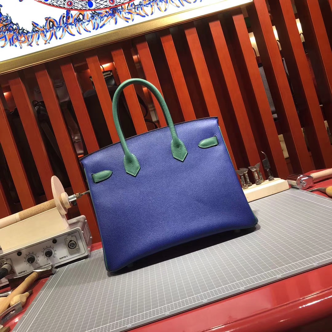 爱马仕铂金包价格 Hermes Birkin30CM 电光蓝拼孔雀绿原厂手掌纹牛皮 银扣