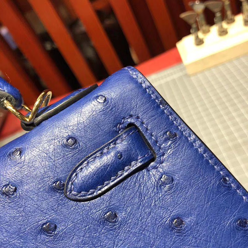 爱马仕凯莉包尺寸 Hermes Kelly25CM 电光蓝南非鸵鸟皮 金扣