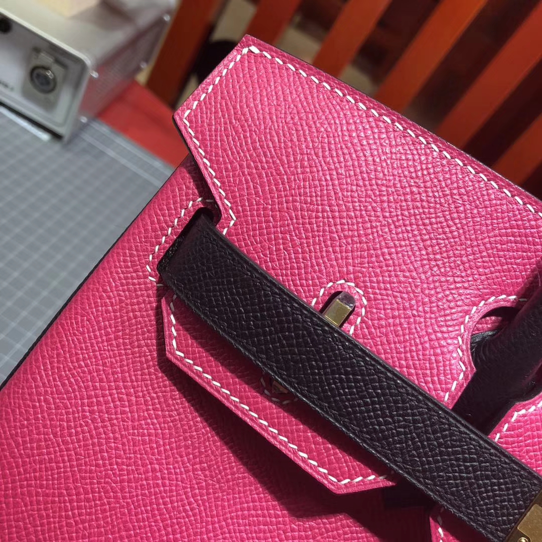 Hermes Birkin30CM 爱马仕拼色铂金包 原厂Epsom牛皮 玫红拼黑色 金扣