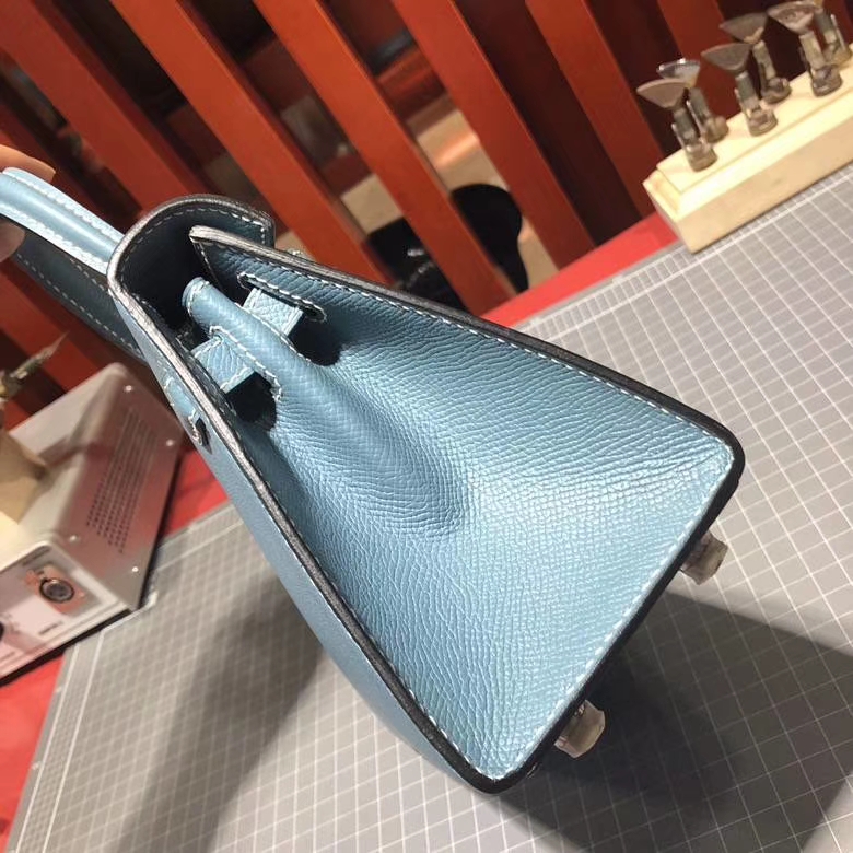 爱马仕凯莉包尺寸 Hermes Kelly20CM CC75牛仔蓝 epsom皮 银扣