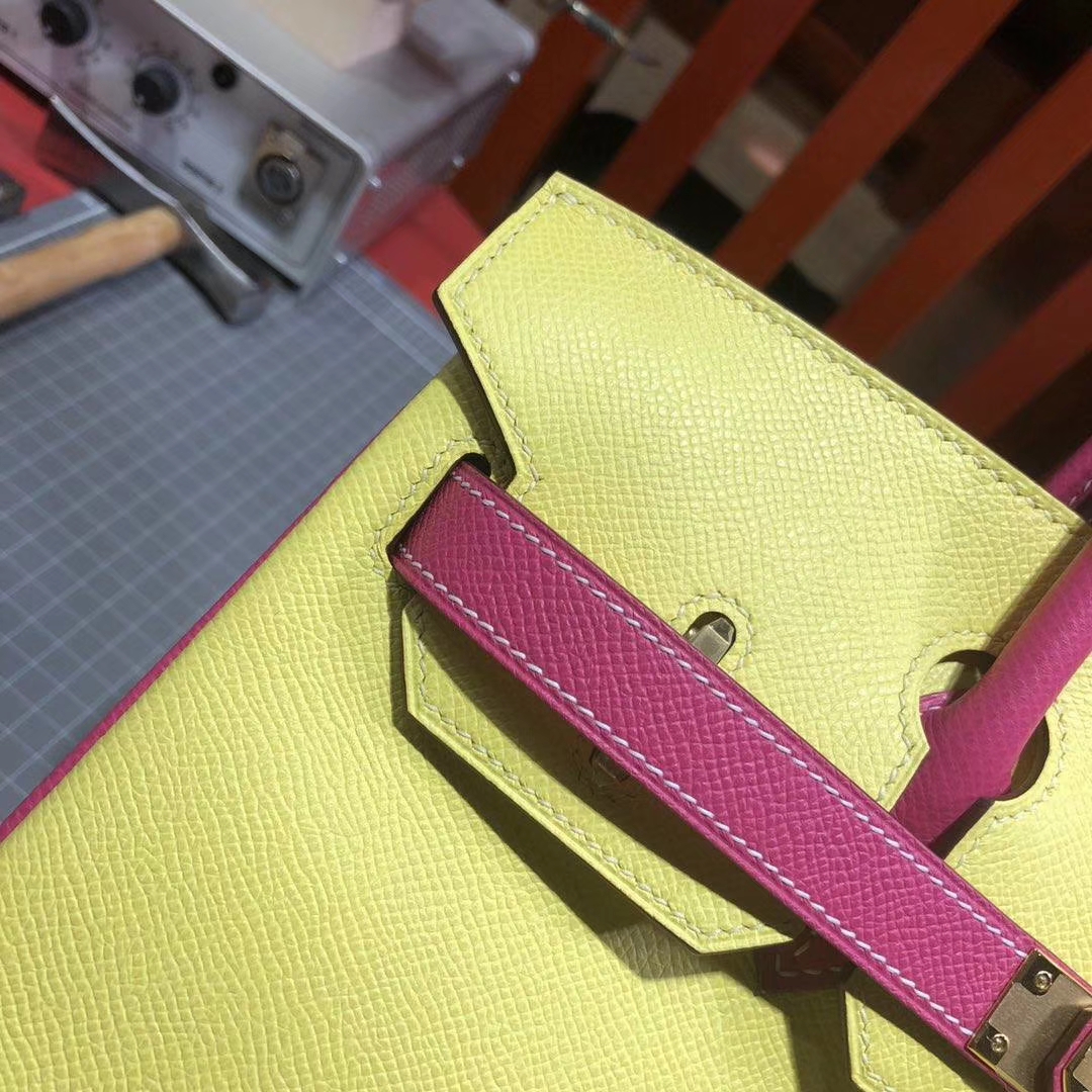爱马仕拼色铂金包 Hermes Birkin30cm 小鸡黄拼玫红Epsom牛皮 金扣