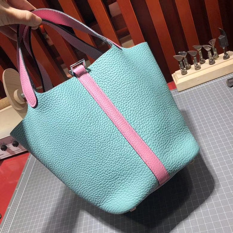 爱马仕拼色水桶包 Hermes Picotin Lock18cm 马卡龙蓝拼樱花粉Clemence牛皮 银扣
