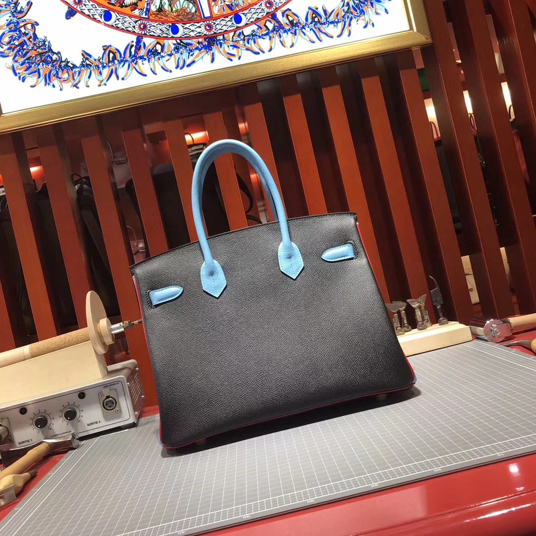 爱马仕Birkin包包 Hermes黑色拼糖果蓝十字纹牛皮铂金包30CM 金扣