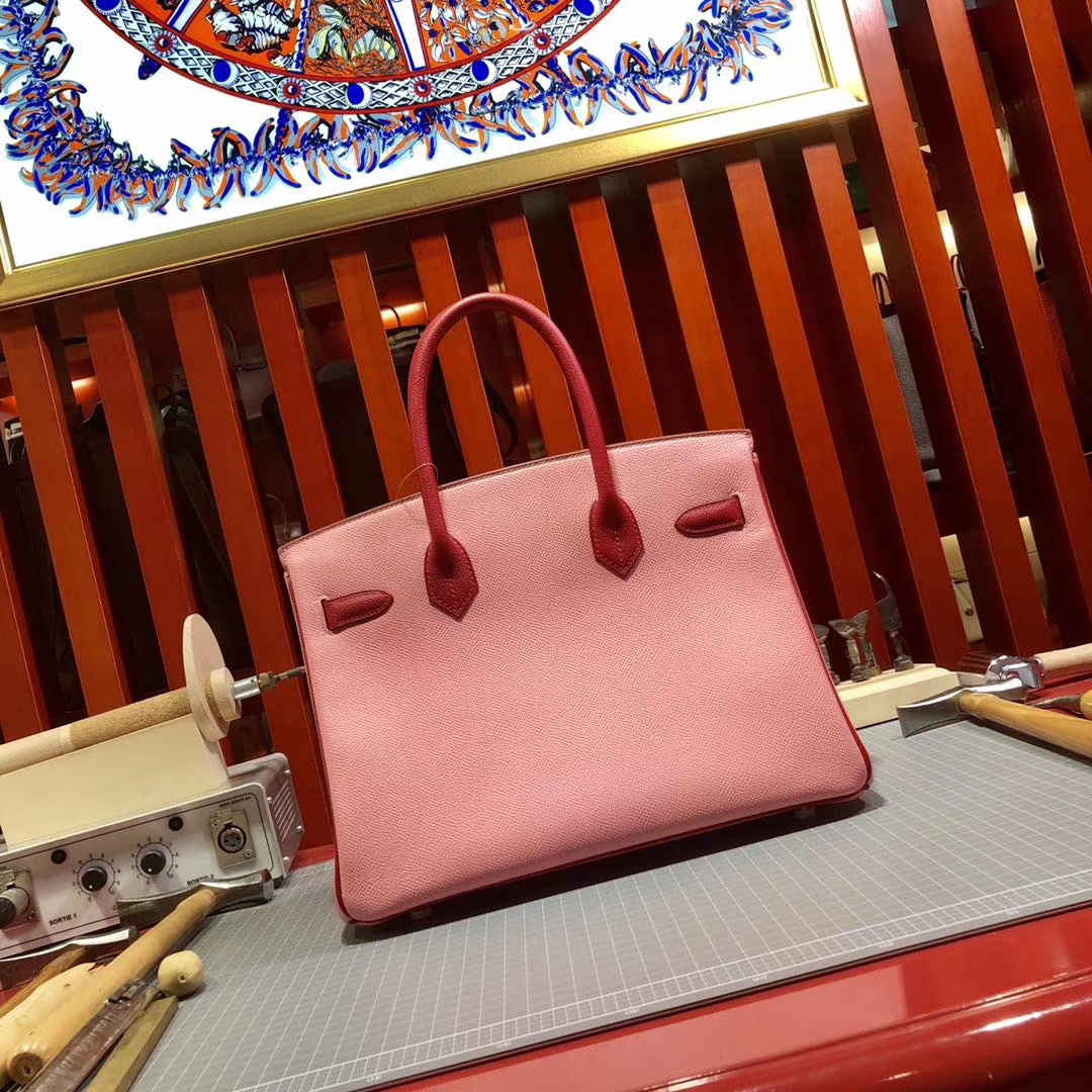 爱马仕拼色铂金包 Hermes Birkin30CM 奶昔粉拼中国红原厂手掌纹牛皮 金扣