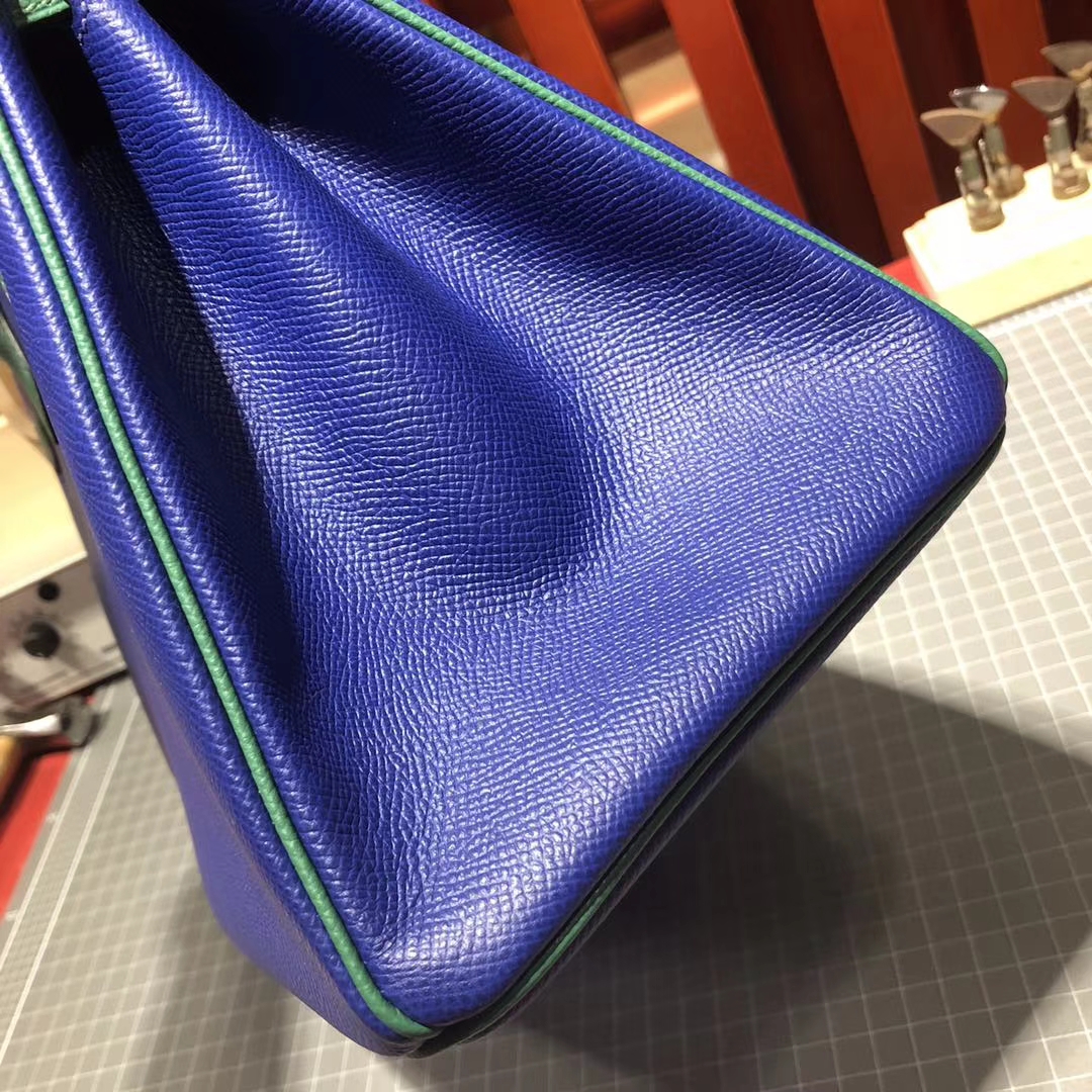 爱马仕铂金包价格 Hermes Birkin30CM 电光蓝拼孔雀绿原厂手掌纹牛皮 银扣
