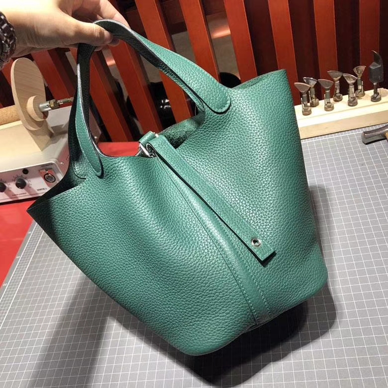 Hermes Picotin Lock18cm 爱马仕孔雀绿顶级Clemence牛皮菜篮子包 银扣