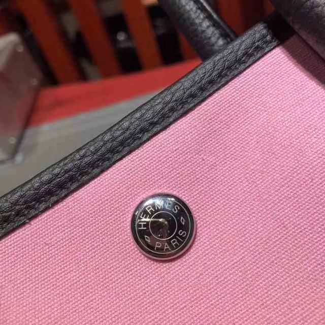 Hermes Garden Party 爱马仕花园包30CM 黑色Togo牛皮拼粉色帆布
