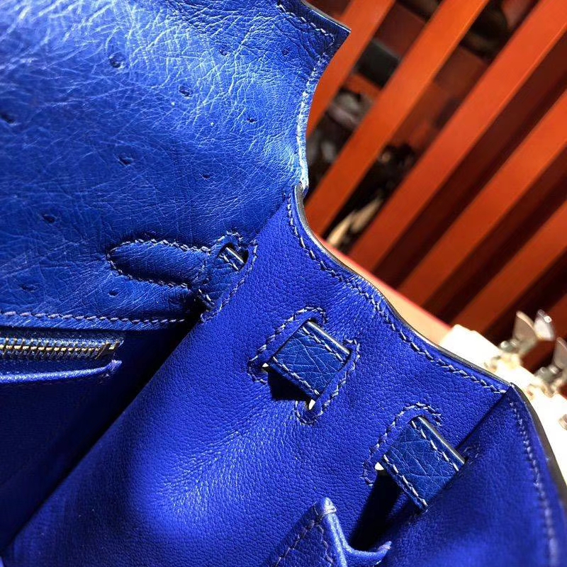 爱马仕凯莉包尺寸 Hermes Kelly25CM 电光蓝南非鸵鸟皮 金扣