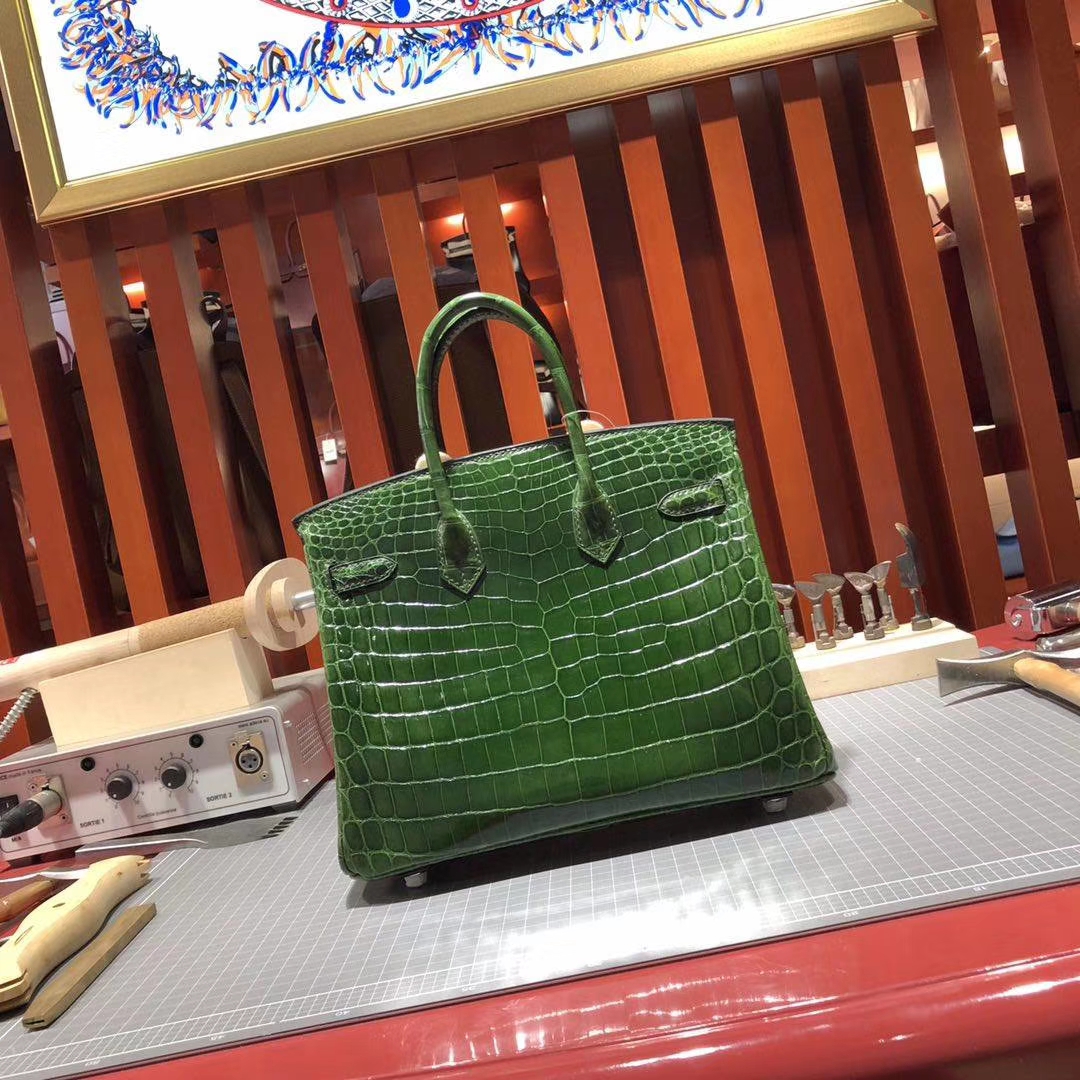 爱马仕Birkin女包 Hermes原厂亮面鳄鱼皮铂金包25CM 6Q祖母绿 银扣
