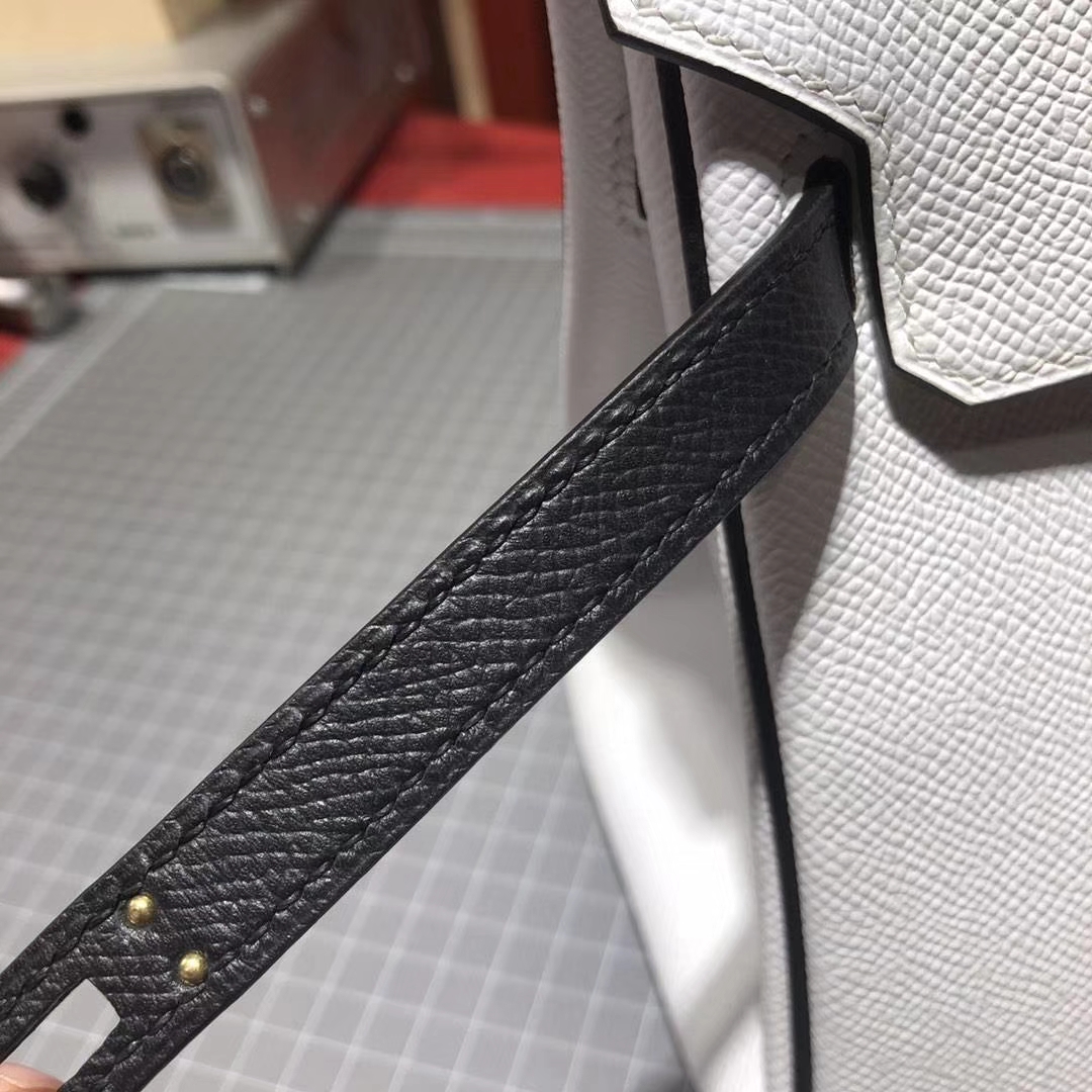 爱马仕拼色铂金包 Hermes白色拼黑色原厂十字纹牛皮Birkin包包25CM 金扣