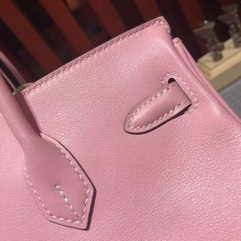 Hermes包包官网 爱马仕进口Swift牛皮Birkin25铂金包 樱花粉 金扣
