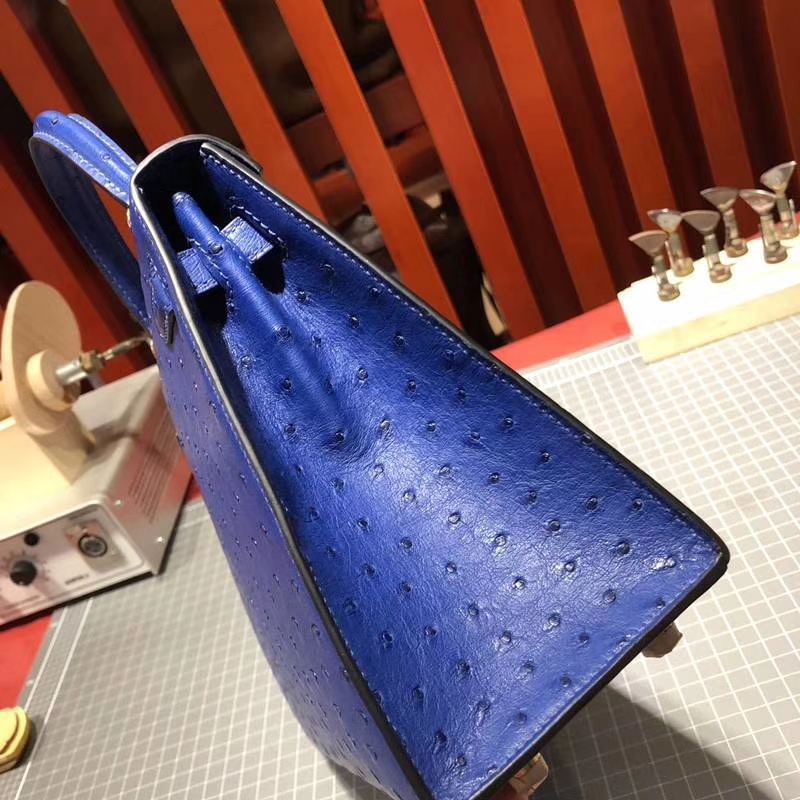 爱马仕凯莉包尺寸 Hermes Kelly25CM 电光蓝南非鸵鸟皮 金扣
