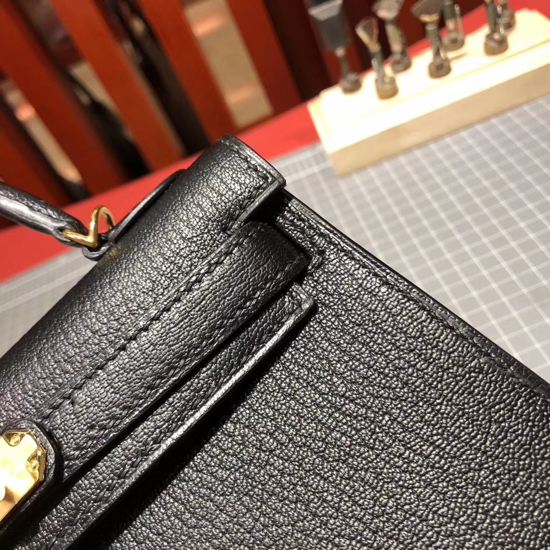 Hermes Minikelly2代 爱马仕89黑色顶级山羊皮迷你凯莉包手包19cm 金扣
