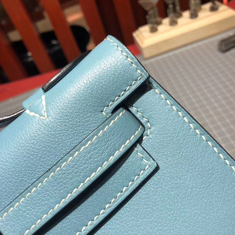 Hermes Minikelly22CM 爱马仕牛仔蓝顶级Swift牛皮迷你凯莉包 银扣