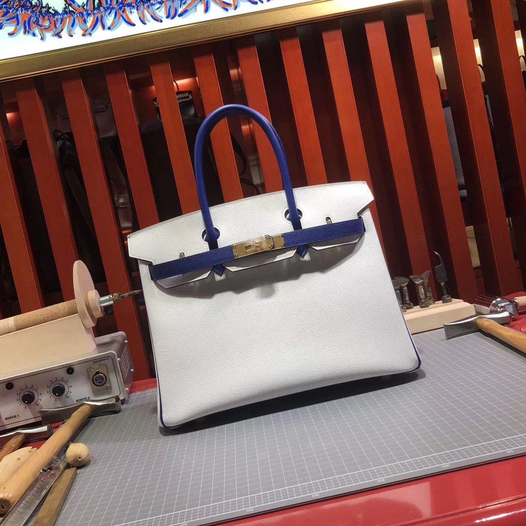 Hermes Birkin30CM 爱马仕纯白拼电光蓝原厂十字纹牛皮铂金包 银扣