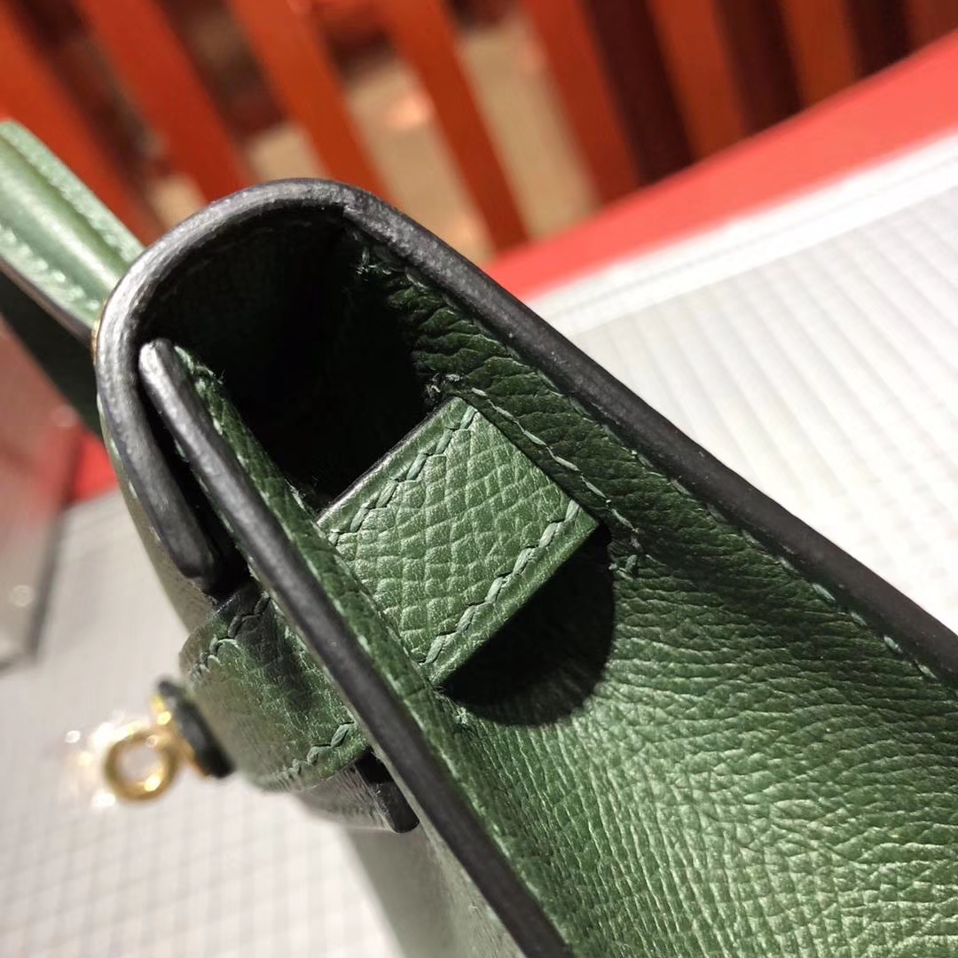 爱马仕迷你凯莉包2代 Hermes Minikelly 2Q英国绿原厂Epsom牛皮手包 金扣