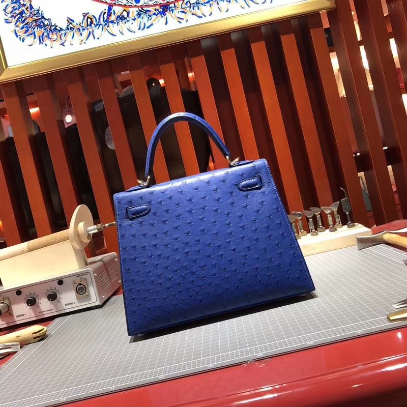 爱马仕凯莉包尺寸 Hermes Kelly25CM 电光蓝南非鸵鸟皮 金扣