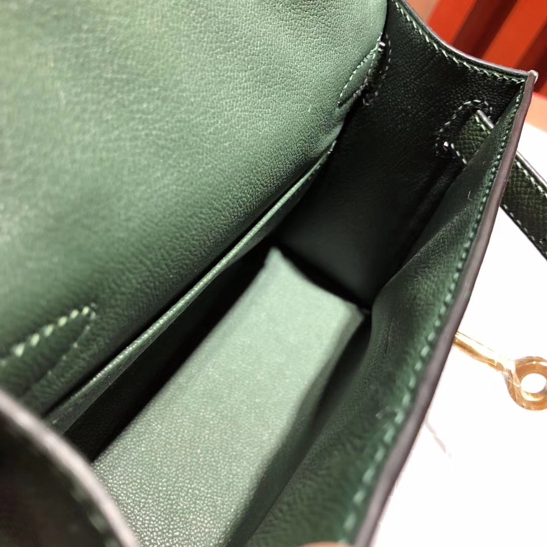 爱马仕迷你凯莉包2代 Hermes Minikelly 2Q英国绿原厂Epsom牛皮手包 金扣