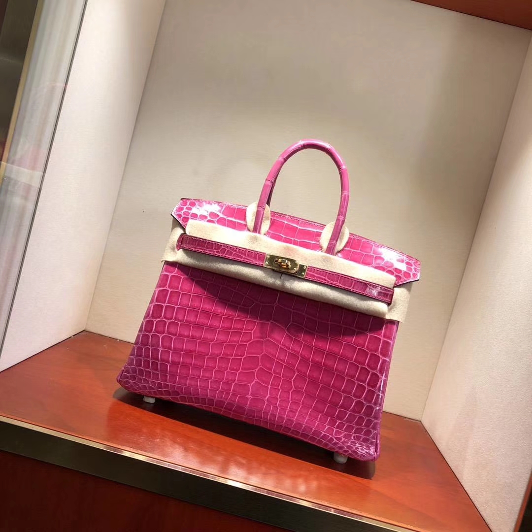 Hermes Birkin25CM 爱马仕5J桃粉色亮面尼罗鳄鱼皮铂金包 金扣