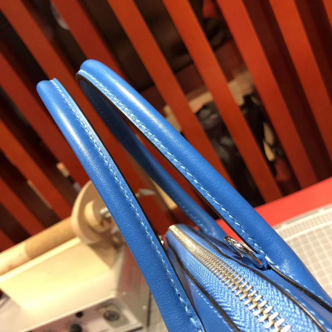 爱马仕保龄球包 Hermes Bolide27CM T7水妖蓝原厂Swift牛皮 银扣