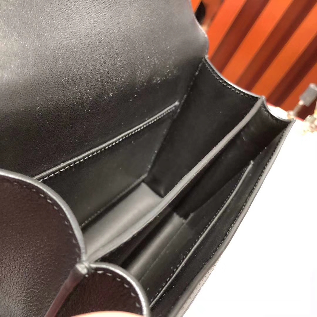Hermes Constance19CM 爱马仕专柜同色帆布拼Swift牛皮空姐包 银扣