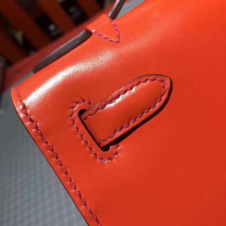 爱马仕迷你凯莉包 Hermes Minikelly Pochette22cm 火焰橙顶级Box牛皮 金扣