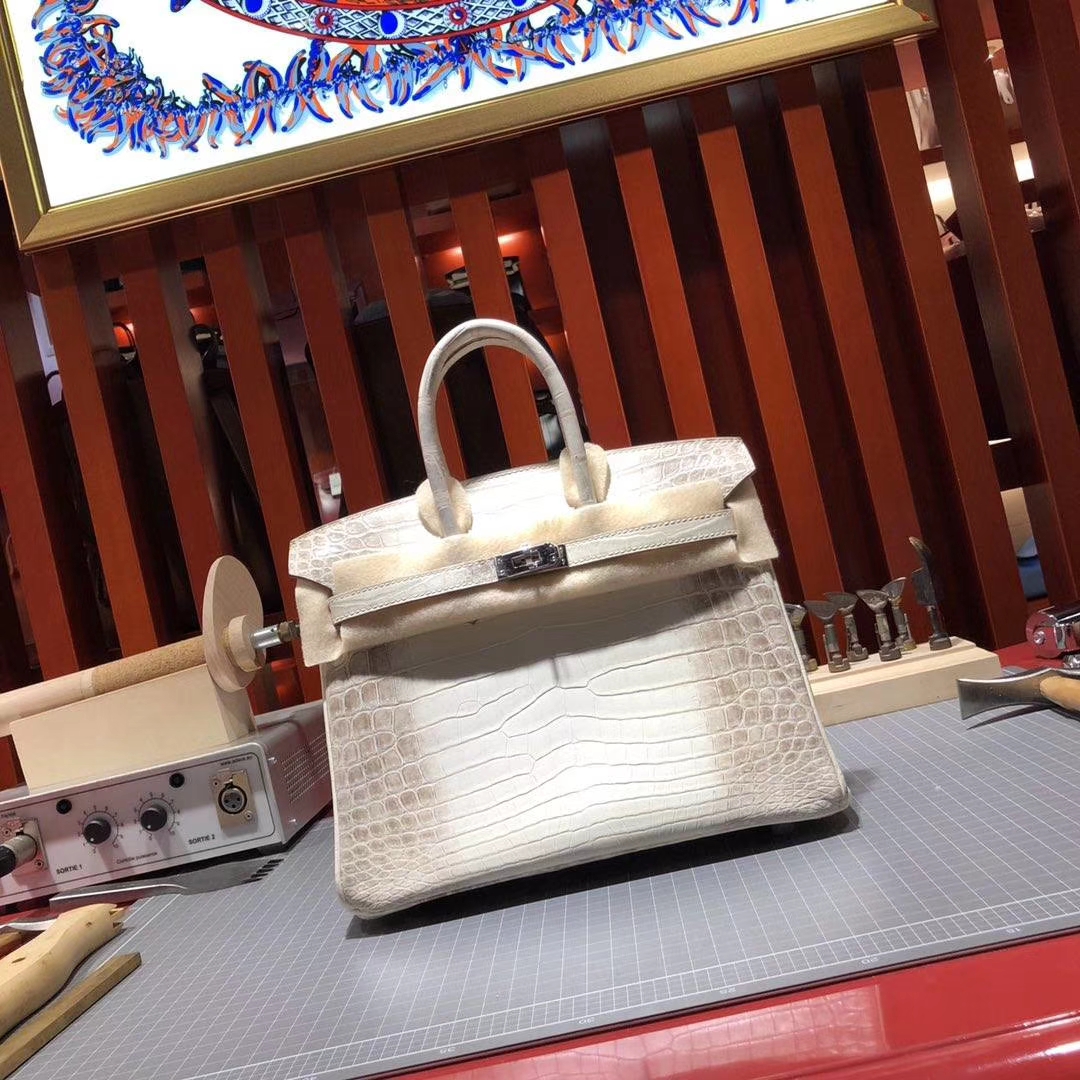 爱马仕铂金包尺寸 Hermes Birkin25CM 01喜马拉雅色雾面鳄鱼皮 银扣