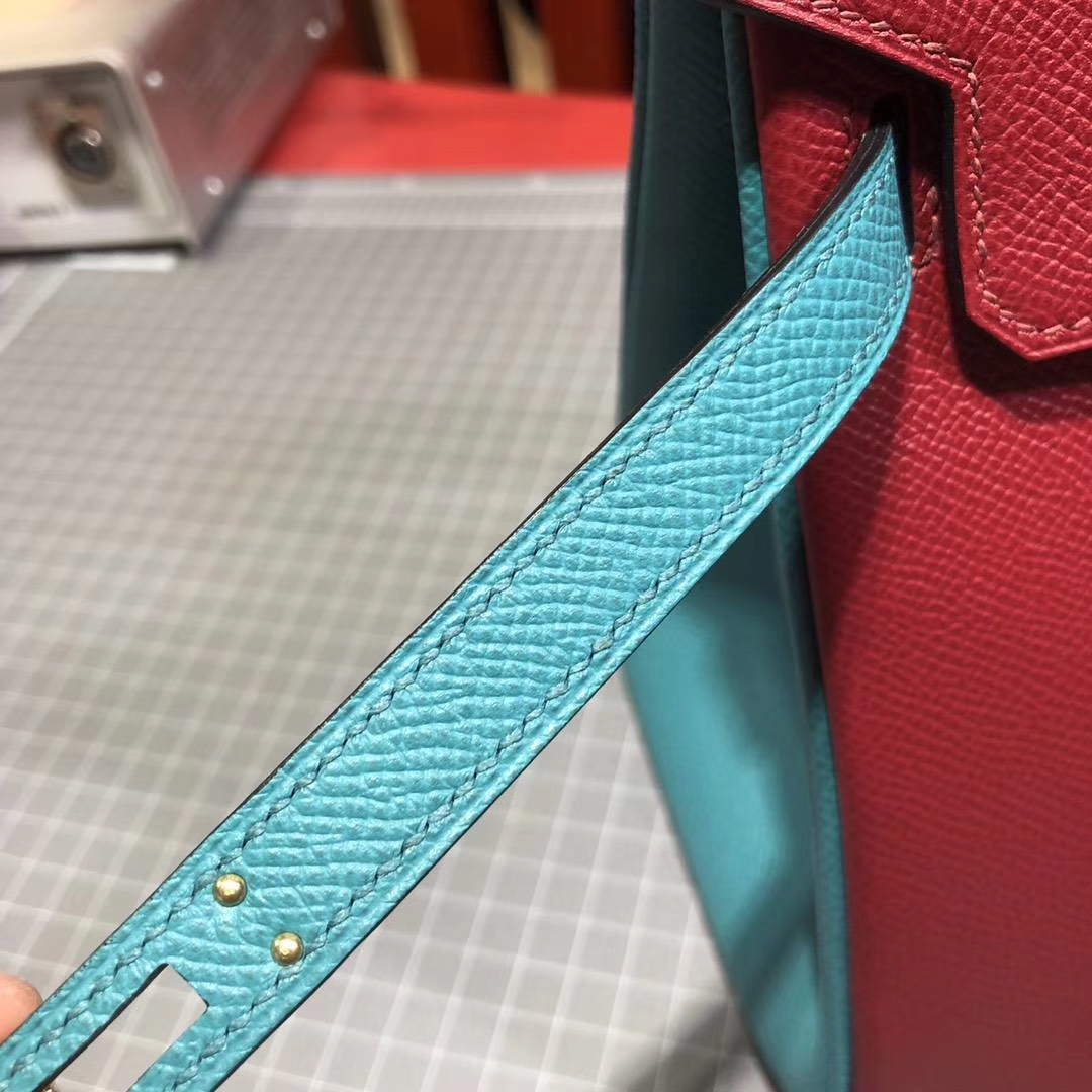 爱马仕铂金包尺寸 Hermes Birkin25CM 中国红拼孔雀蓝十字纹牛皮 金扣