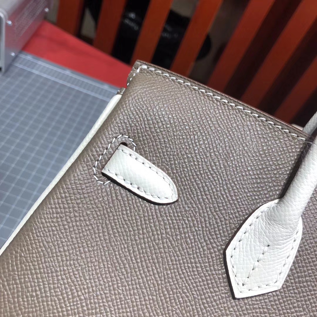 爱马仕拼色铂金包 Hermes大象灰拼奶昔白Epsom牛皮Birkin25CM 金扣
