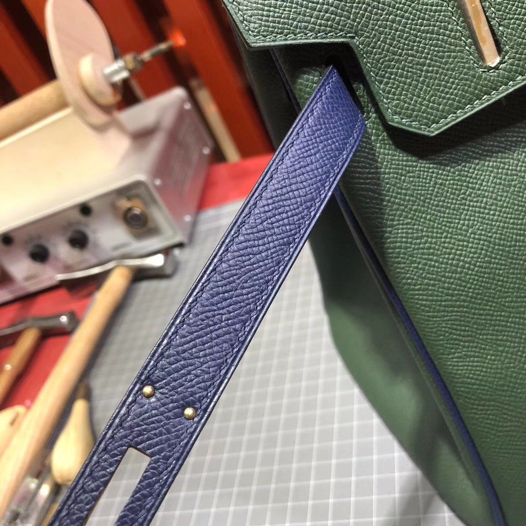 Hermes Birkin30CM 爱马仕英国绿拼宝石蓝十字纹牛皮铂金包 金扣