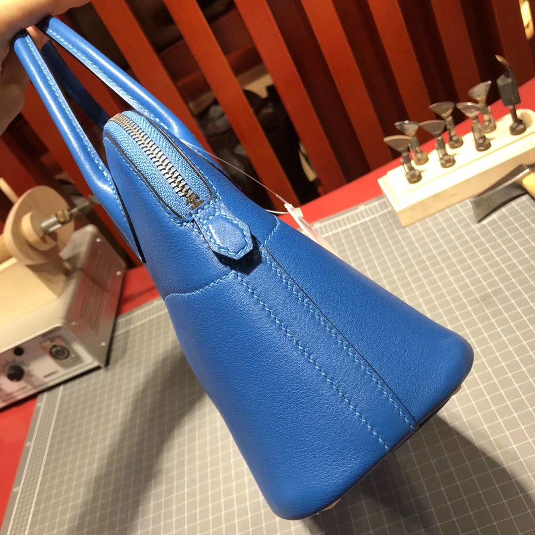 爱马仕保龄球包 Hermes Bolide27CM T7水妖蓝原厂Swift牛皮 银扣