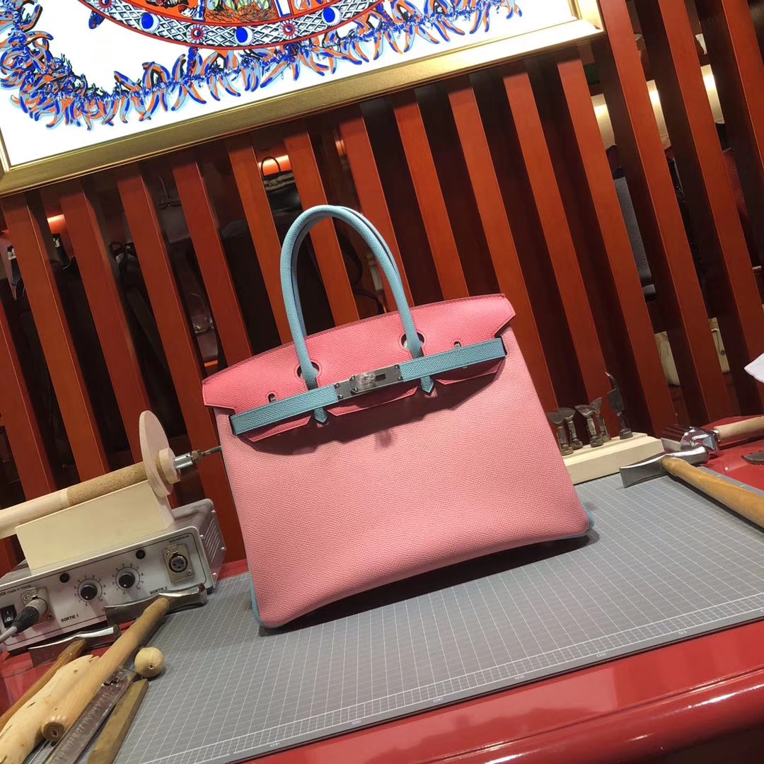 爱马仕拼色铂金包 Hermes奶昔白拼唇膏粉拼马卡龙蓝手掌纹牛皮Birkin30CM 银扣
