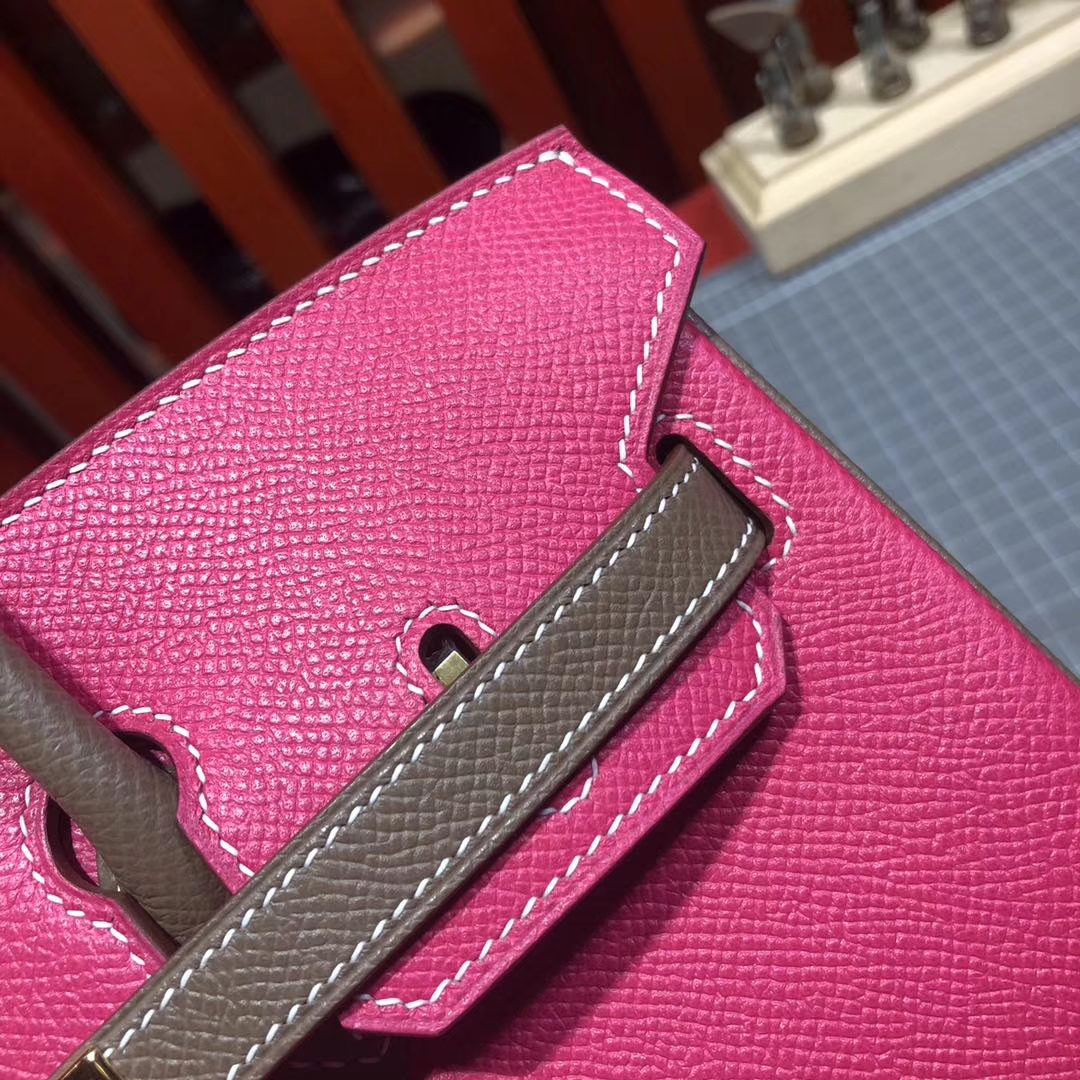 爱马仕拼色铂金包 Hermes Birkin25CM 玫红拼大象灰Epsom牛皮 金扣
