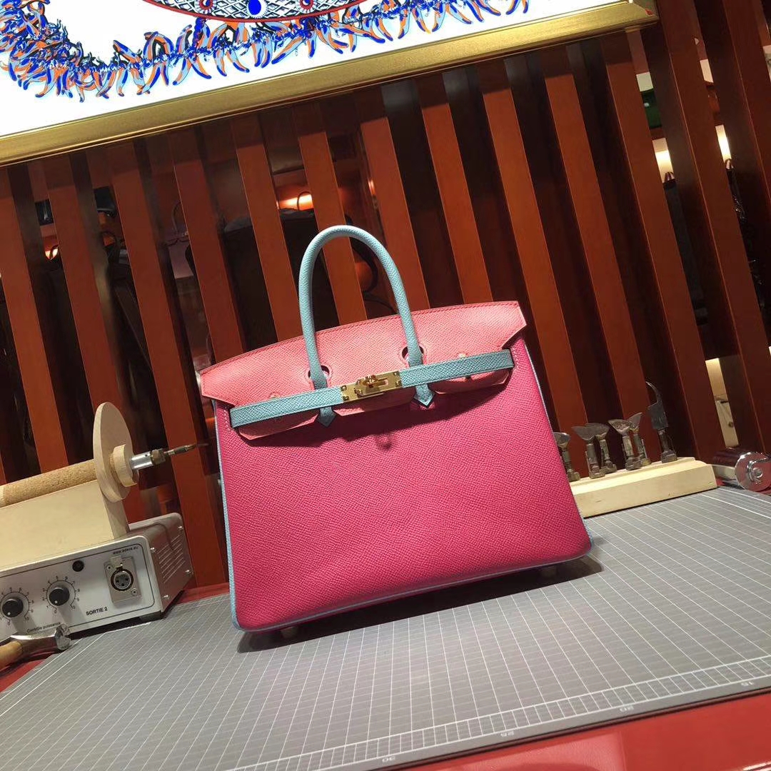 爱马仕铂金包尺寸 Hermes玫红拼唇膏粉拼马卡龙蓝原厂Epsom牛皮Birkin25CM 金扣