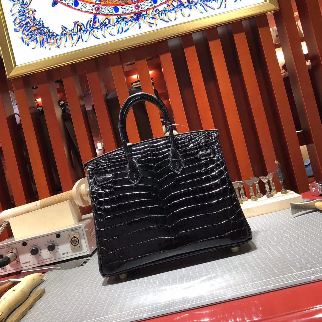 爱马仕铂金包尺寸 Hermes Birkin25CM CK89黑色亮面鳄鱼皮 金扣