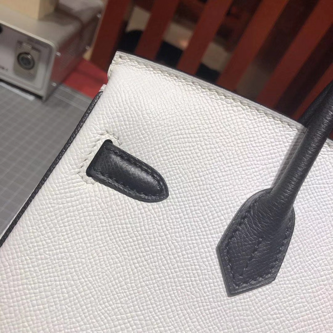 爱马仕拼色铂金包 Hermes白色拼黑色原厂十字纹牛皮Birkin包包25CM 金扣