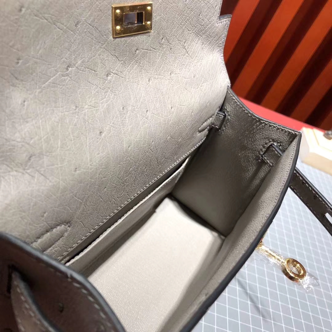 爱马仕迷你凯莉包 Hermes Minikelly Pochette22CM 大象灰顶级鸵鸟皮 金扣