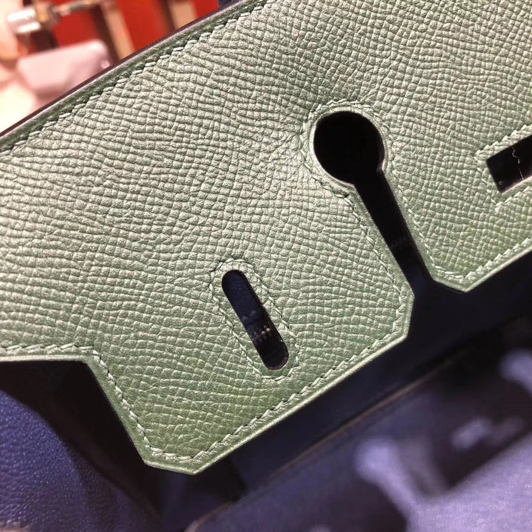 爱马仕拼色铂金包 Hermes Birkin25CM 英国绿拼宝石蓝十字纹牛皮 银扣
