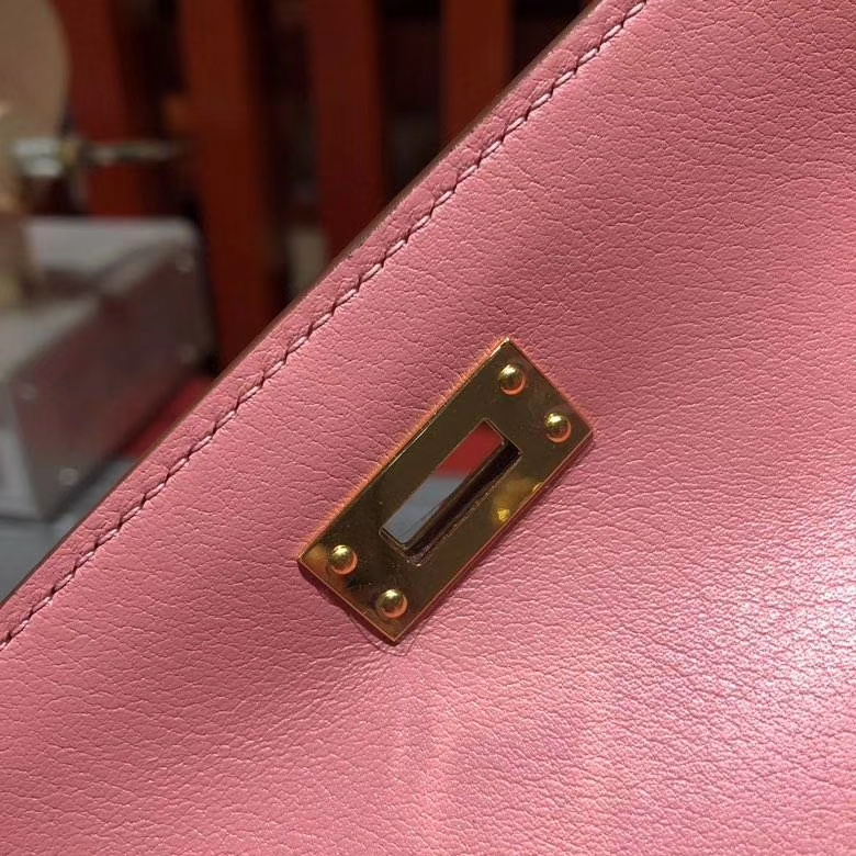 爱马仕迷你凯莉包 Hermes Minikelly22CM 奶昔粉顶级Swift牛皮 金扣