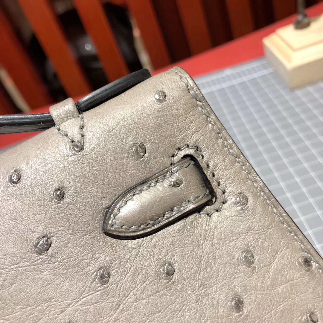 爱马仕迷你凯莉包 Hermes Minikelly Pochette22CM 大象灰顶级鸵鸟皮 金扣