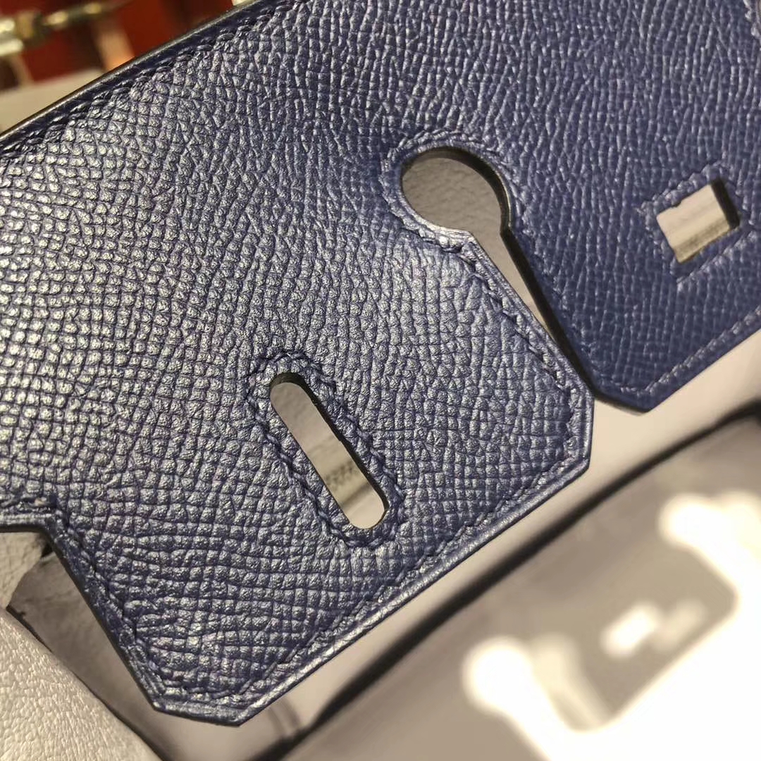 Hermes女包批发 爱马仕宝石蓝拼纯白色手掌纹牛皮铂金包Birkin25CM 银扣
