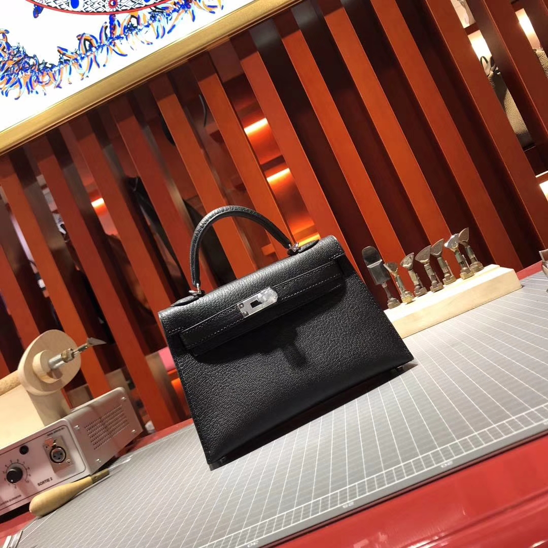 爱马仕Minikelly手包 Hermes89黑色原厂山羊皮迷你凯莉包2代 银扣