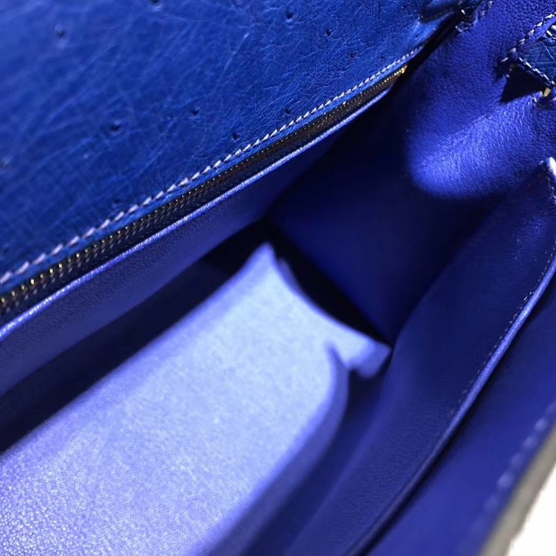 爱马仕凯莉包尺寸 Hermes Kelly25CM 电光蓝南非鸵鸟皮 金扣
