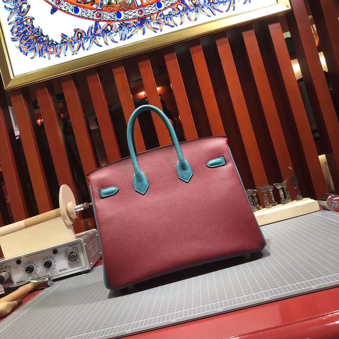 爱马仕铂金包尺寸 Hermes Birkin25CM 中国红拼孔雀蓝十字纹牛皮 金扣